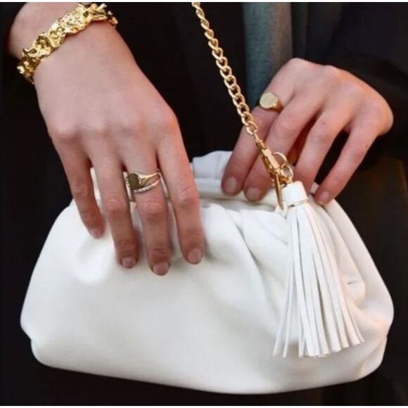 NEW Understated Leather Crescent Crossbody Chain Clutch Ivory Women's Size Small - Picture 1 of 6